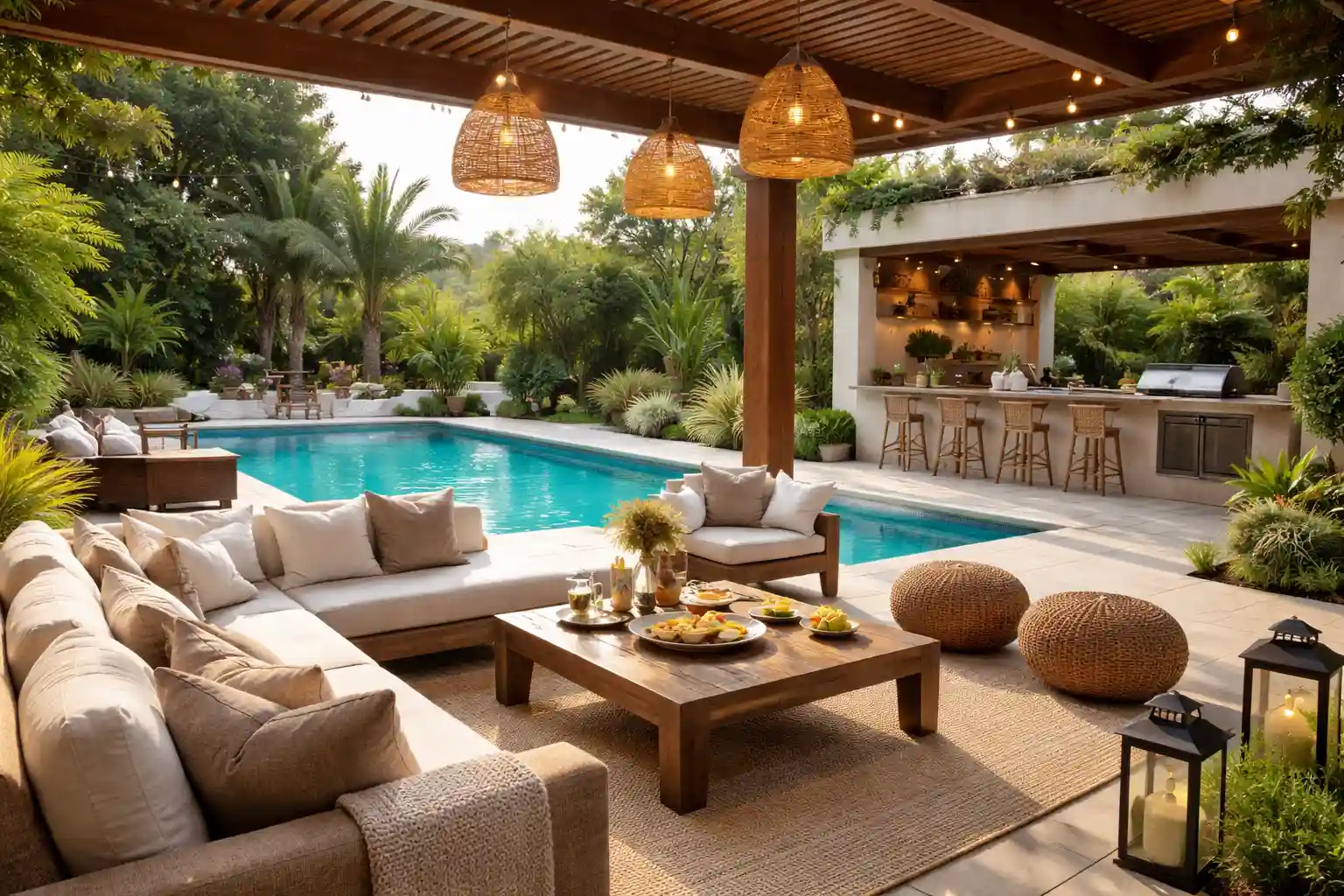 3D render of a poolside outdoor lounge with seating, shade, and clear pool views.